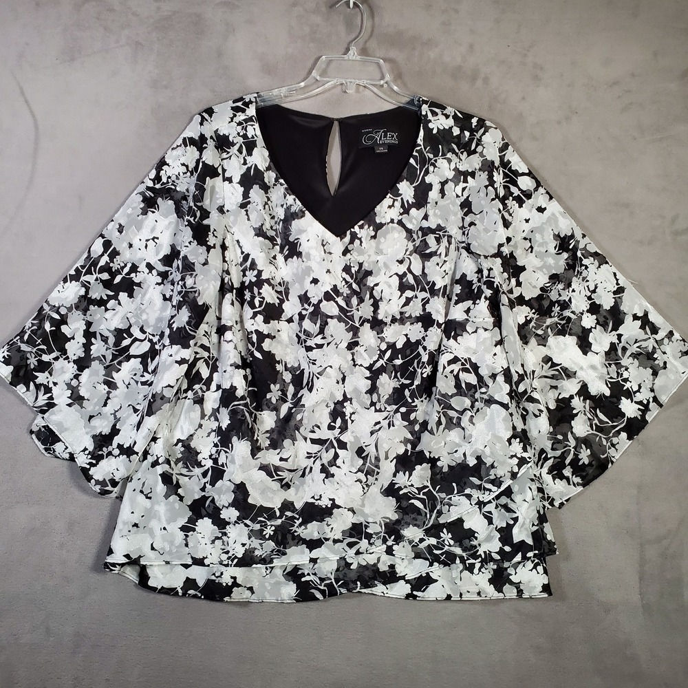 Alex Evenings Top Womens 2X White Black Floral Burnout Layered 3/4 Flared Sleeve